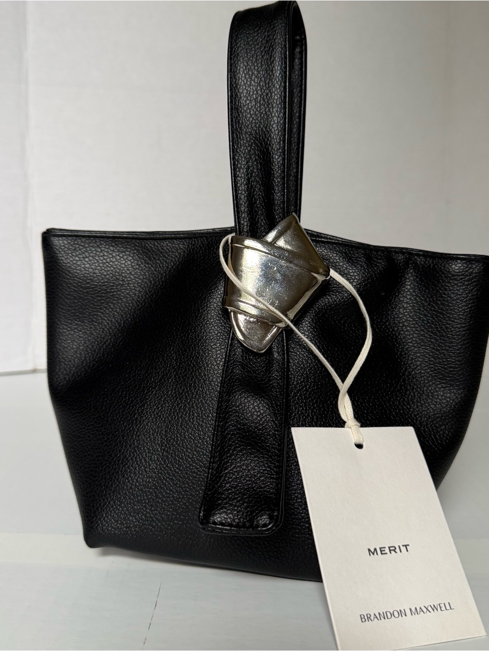 Brandon Maxwell Black Leather Shoulder Tote with Sculptural Silver Accent